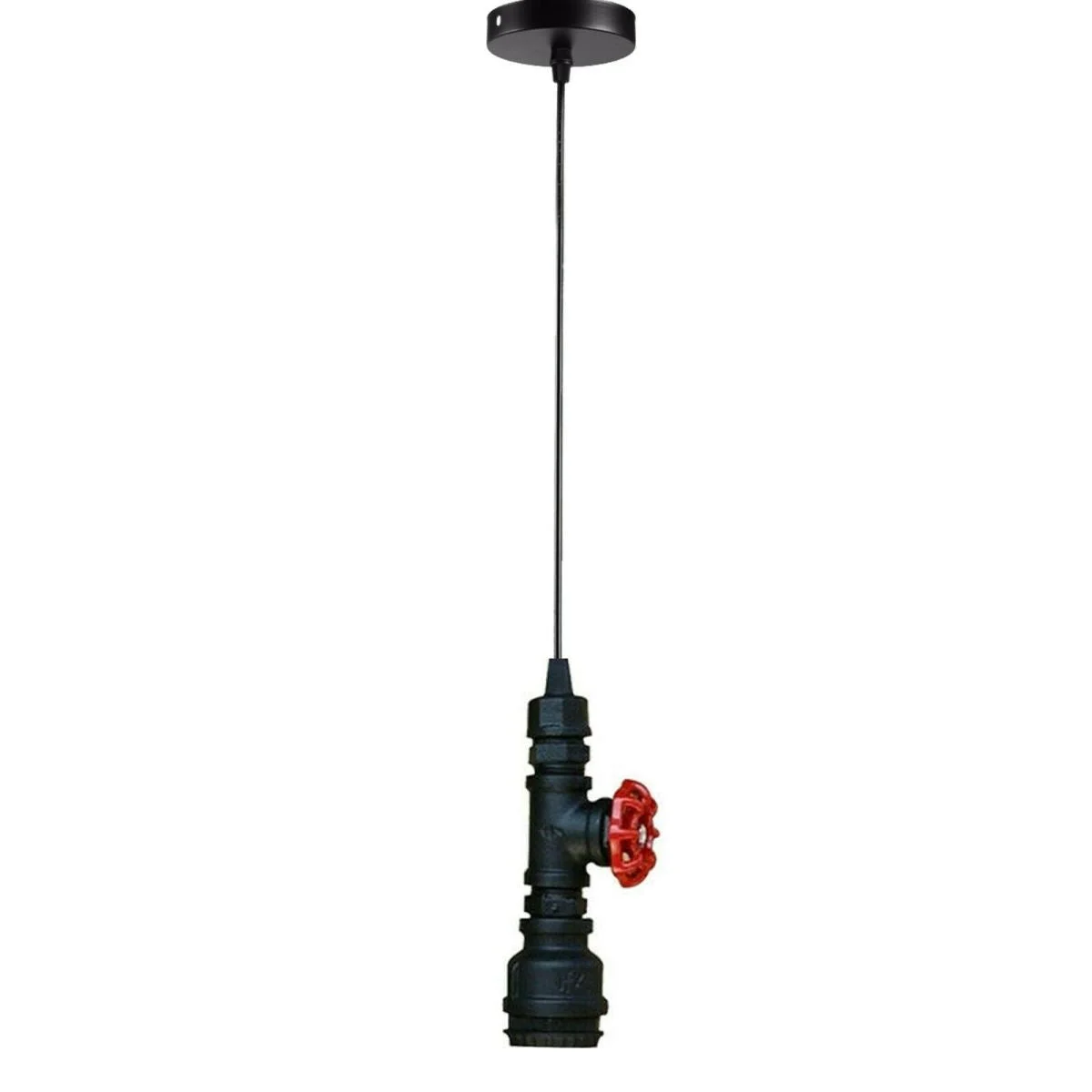 Black industrial steampunk pendant light with exposed pipes, red valve detail, and adjustable hanging cable on white background
