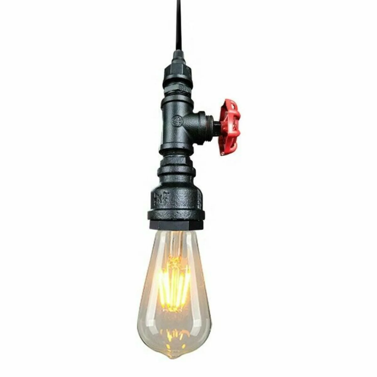 Black metal steampunk pendant light with industrial water pipe design and red valve detail hanging from ceiling cable
