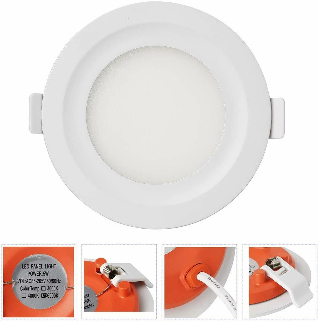 Ultra slim round recessed LED panel emitting bright cool white LED light, flush-mounted on ceiling in modern interior
