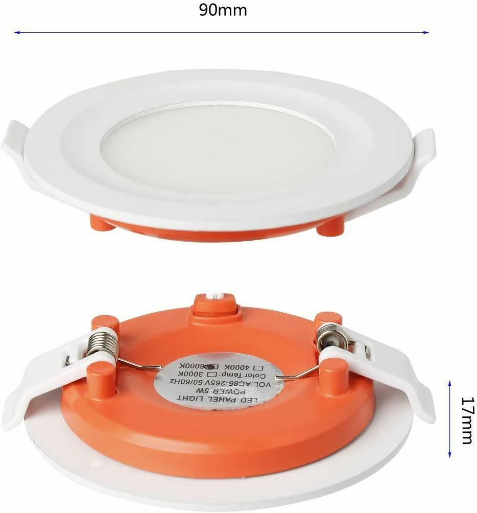 Ultra slim round 5W recessed LED panel light with white acrylic diffuser and aluminium frame, flush ceiling mount design