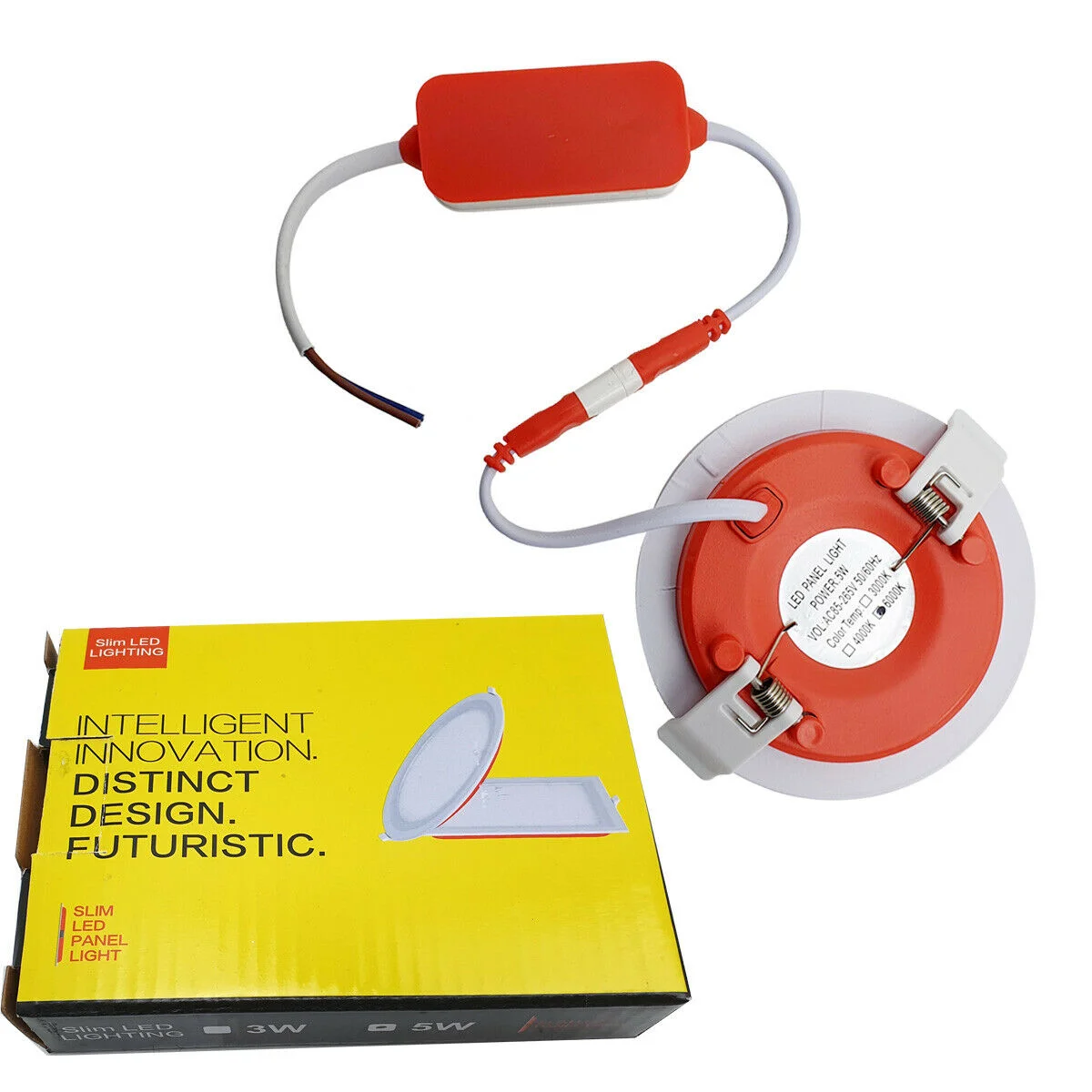 Round ultra slim 5W recessed LED panel light with white diffuser and mounting clips against a white background