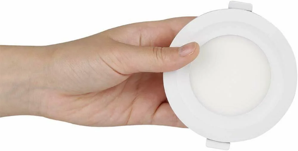 Ultra slim round 5W recessed LED panel light with white diffuser, flush ceiling mount, IP44 rated for damp areas