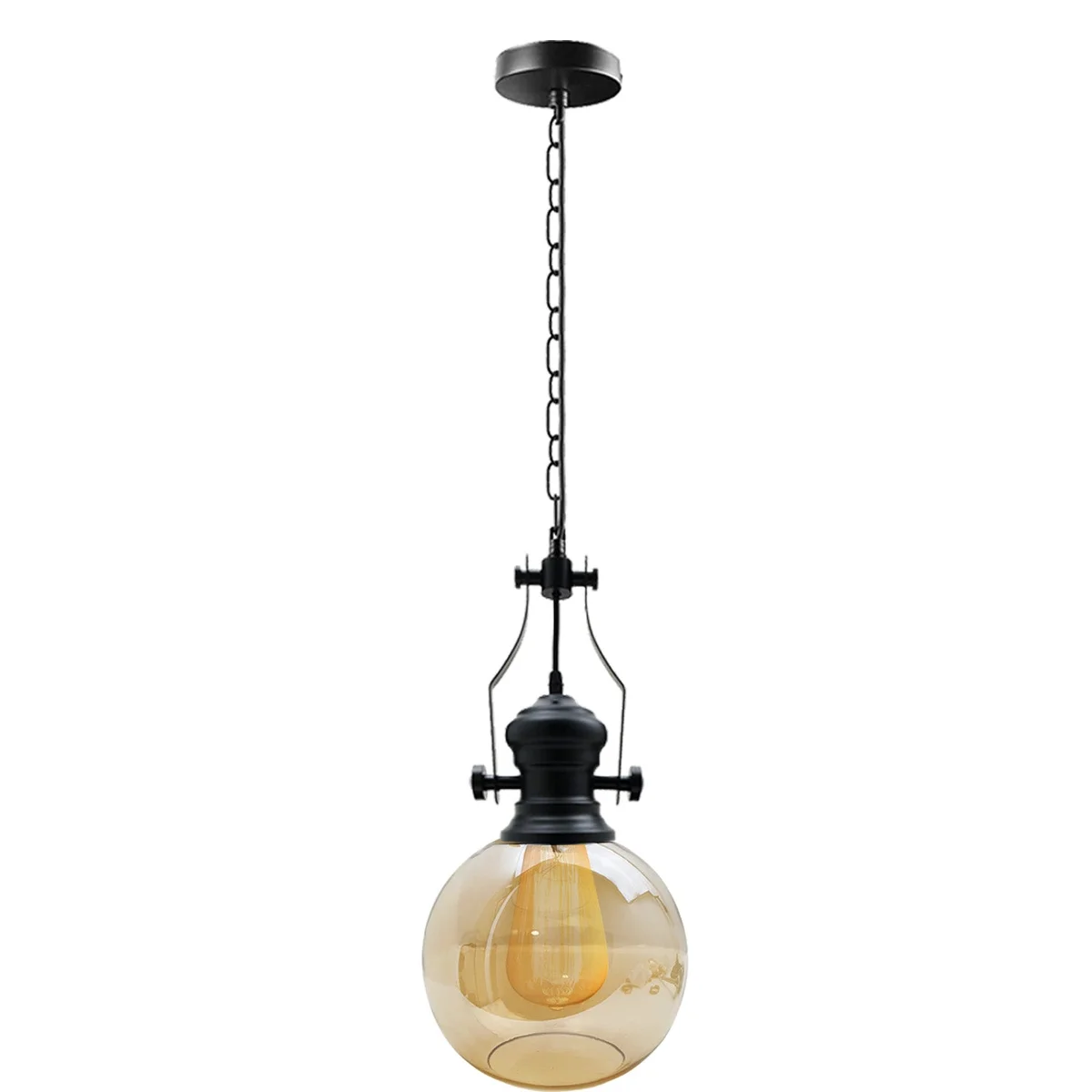 Amber glass industrial pendant light with black cage and round ceiling canopy suspended by chain and cable