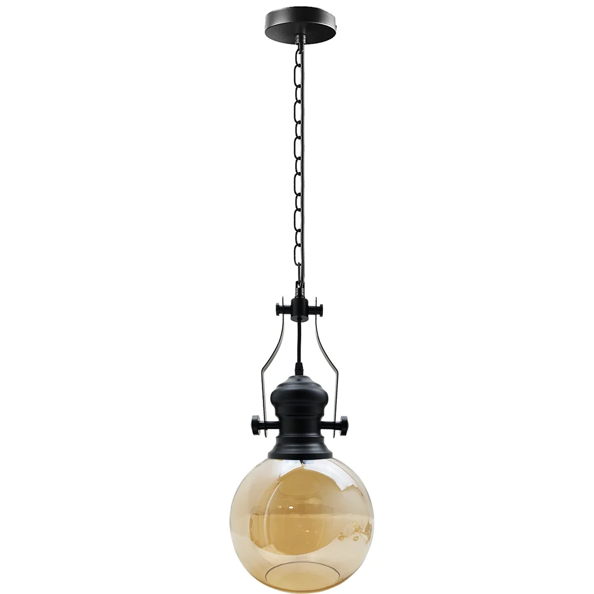 Amber glass retro ceiling light with industrial-style black cage and round ceiling canopy suspended by chain and cable