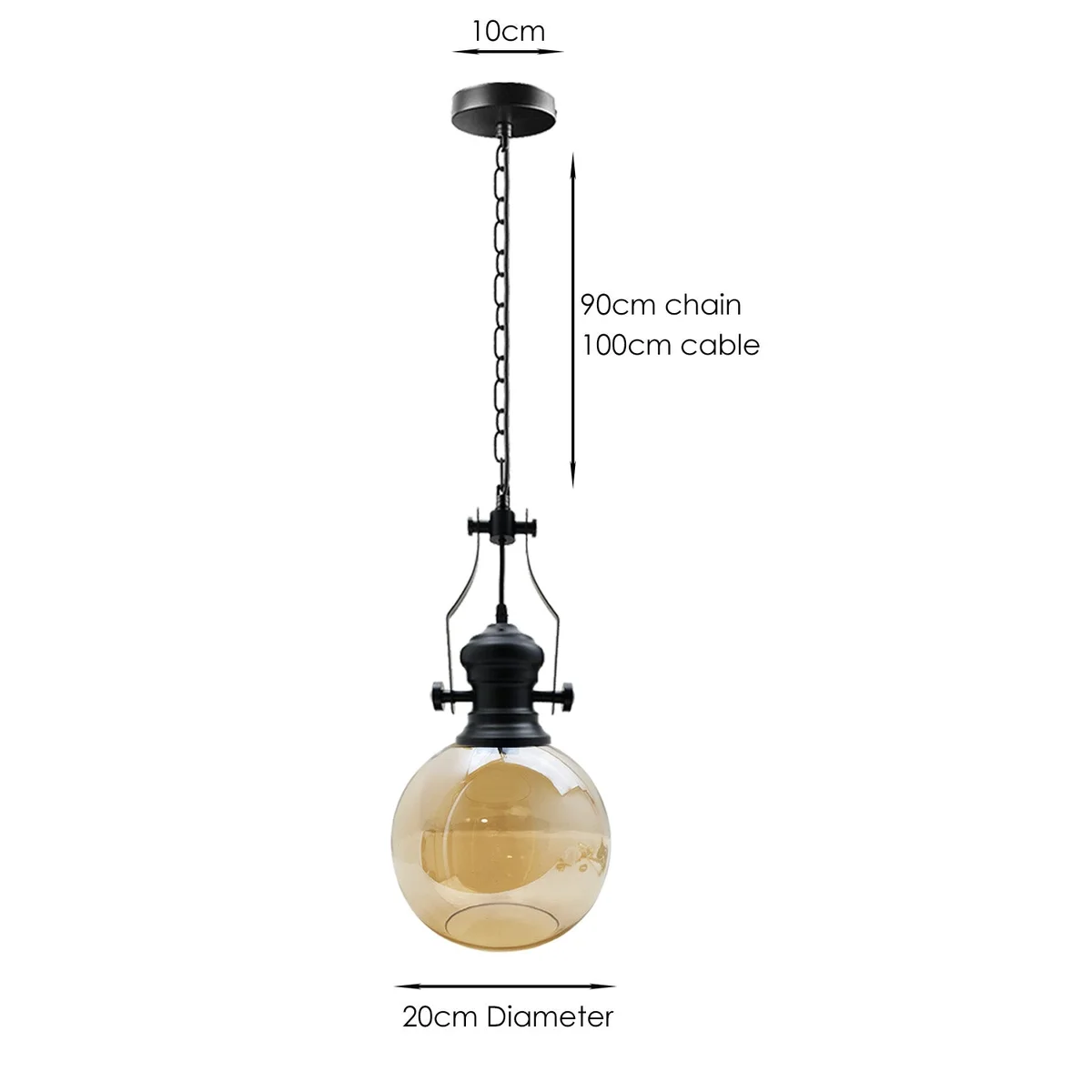 Vintage style chandelier with amber round glass shade and black industrial cage pendant light hanging from ceiling chain