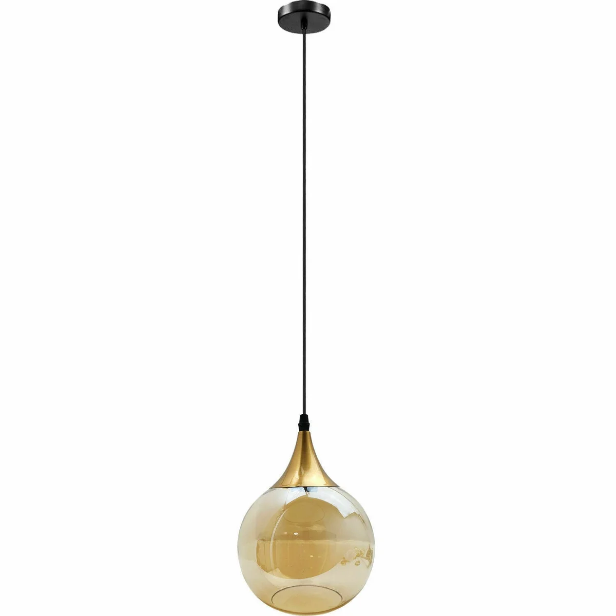 Smoked glass pendant light with amber hand-blown globe and exposed iron hardware hanging from adjustable cord