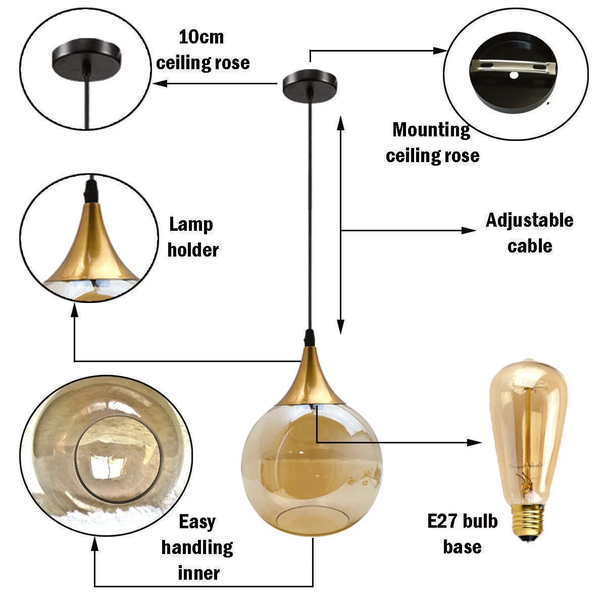 Smoked glass pendant light with amber globe and adjustable cord pendant light hanging against white background