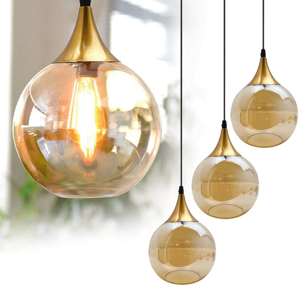 Smoked glass globe pendant light with exposed iron hardware and adjustable cord for E27 bulb pendant light fitting