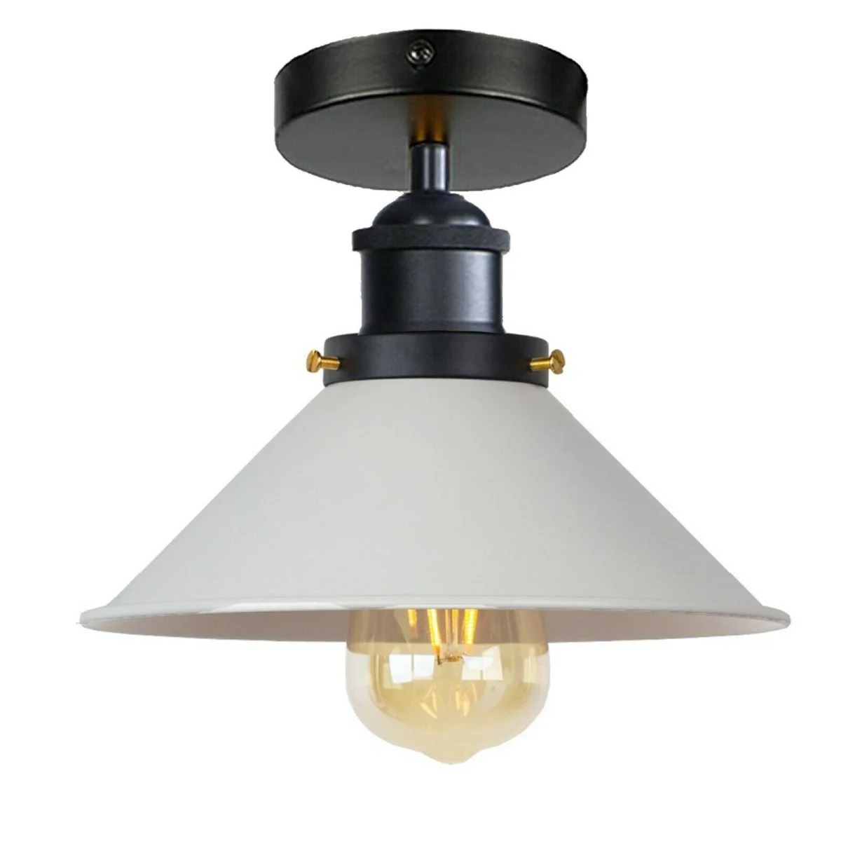 White vintage industrial ceiling light with cone-shaped metal shade and black ceiling rose, semi-flush mount design