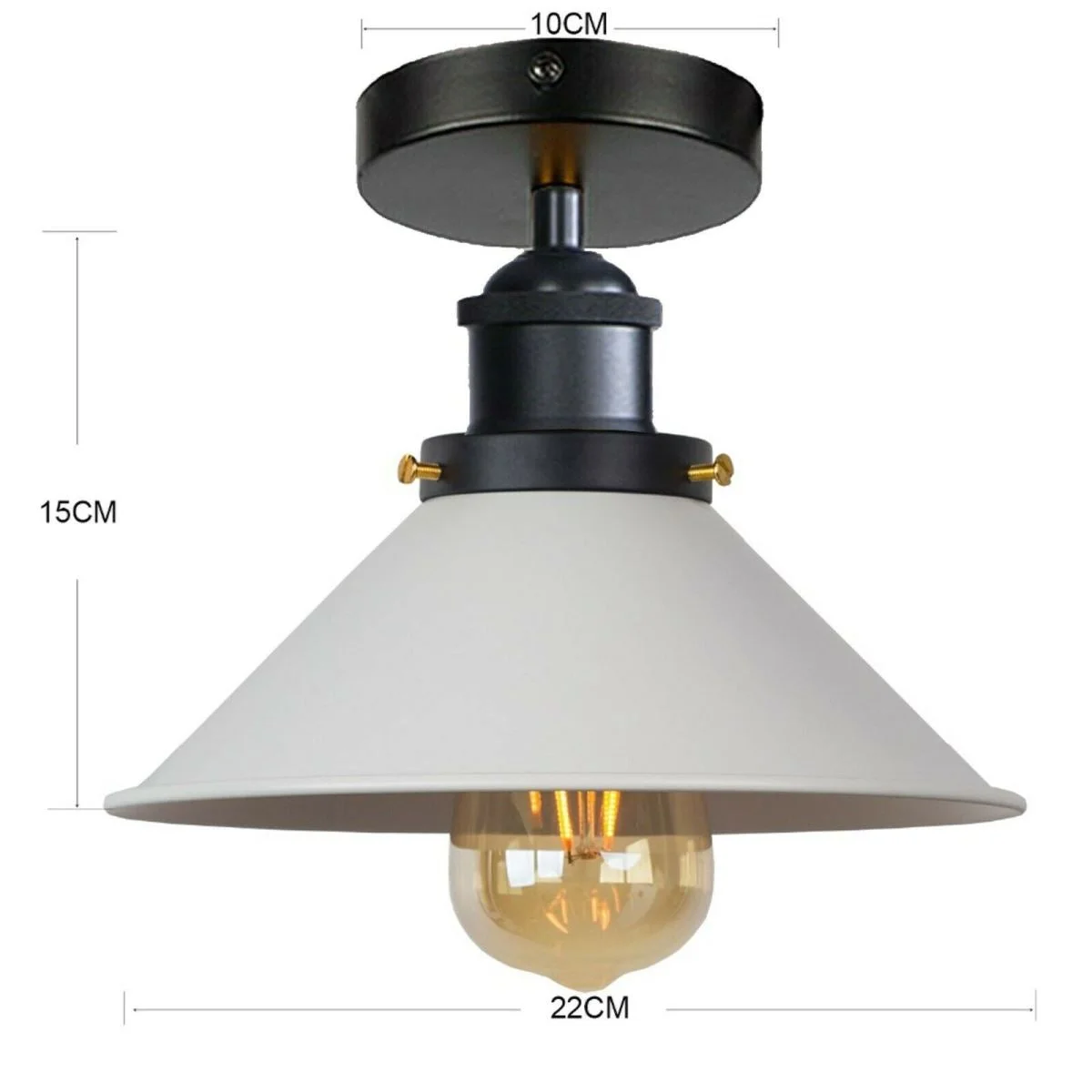 White retro pendant ceiling lamp with cone-shaped metal shade and black ceiling rose in vintage industrial style