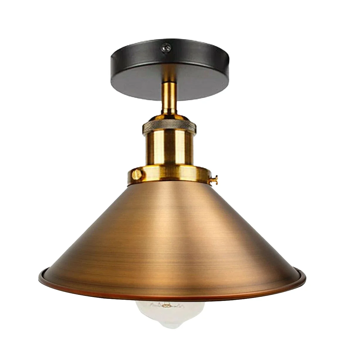 Yellow brass vintage ceiling light with metal cone shade and black ceiling rose in semi flush mount style