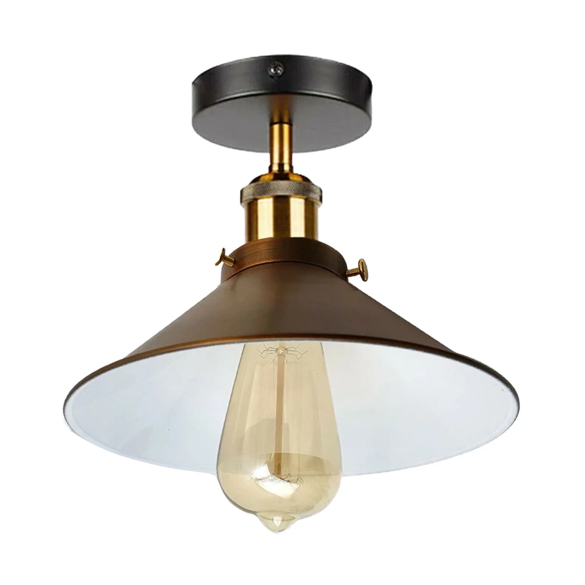 Yellow brass metal cone pendant ceiling light with black ceiling rose in vintage flush mount design