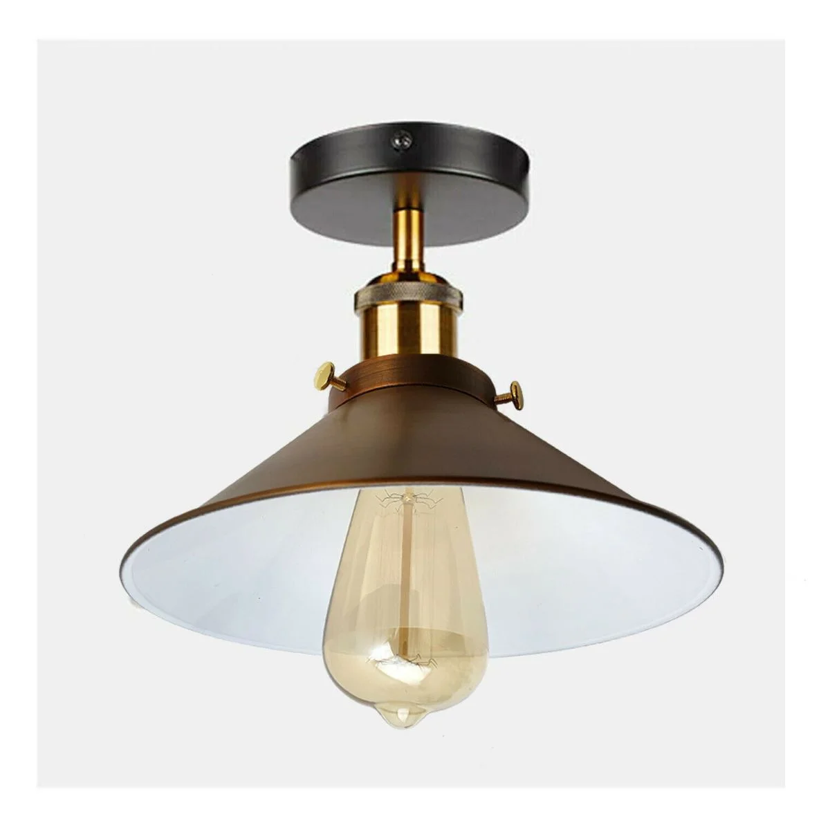 Yellow brass metal cone flush mount ceiling light with black ceiling rose, vintage industrial style, indoor use only