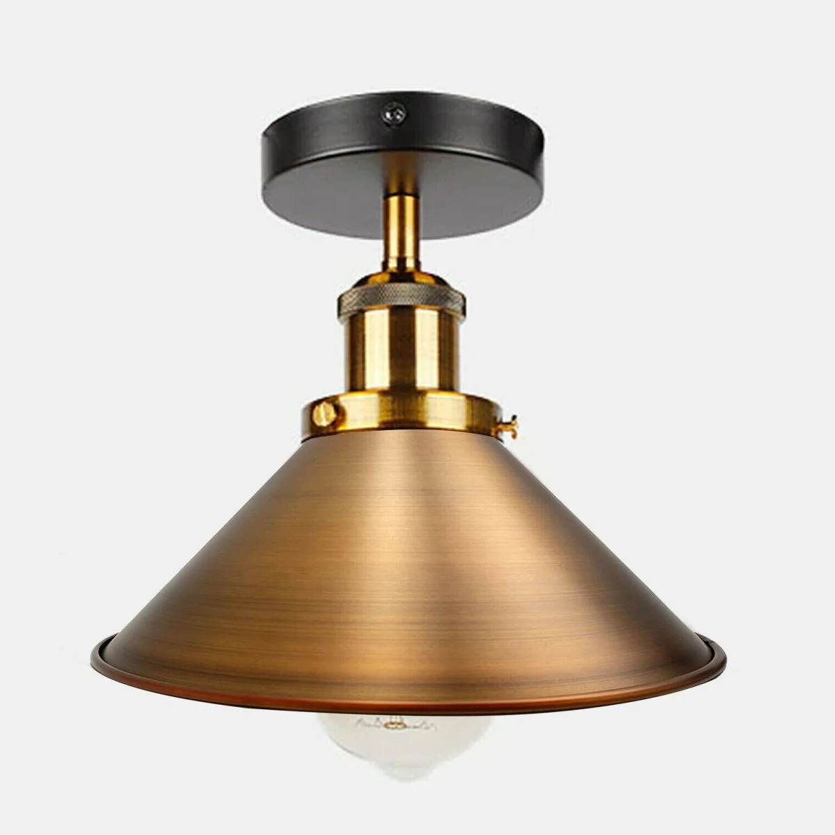Yellow brass metal cone industrial ceiling light flush mounted with black ceiling rose, vintage style for indoor use