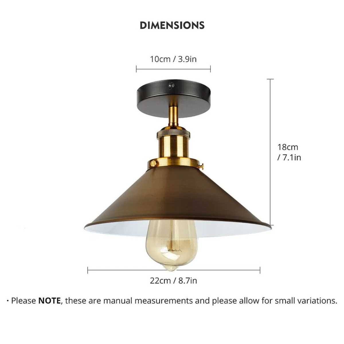Yellow brass light with metal cone shade and black ceiling rose in vintage flush mount pendant design