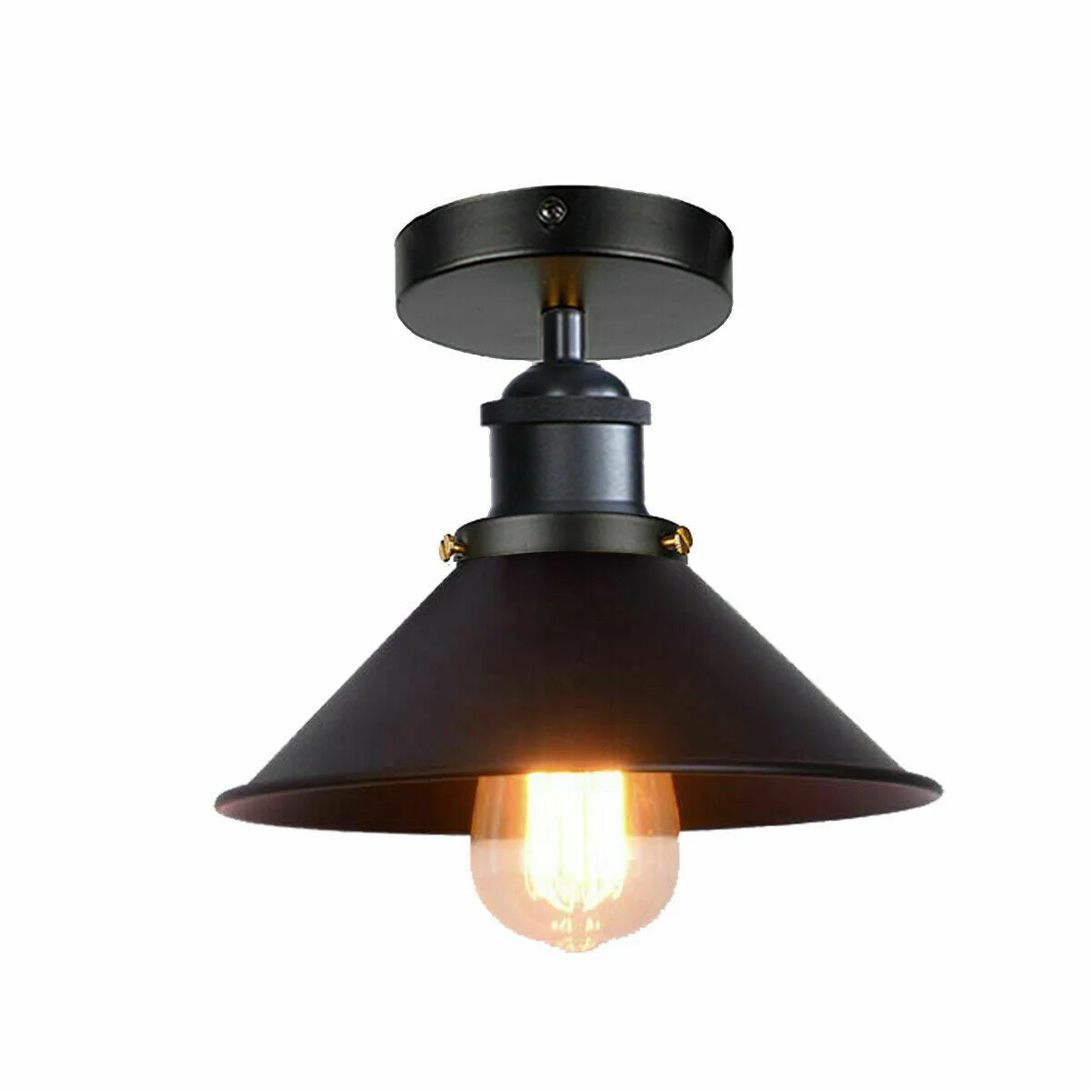 Black industrial ceiling light with semi-flush mount and conical metal shade in matte black finish