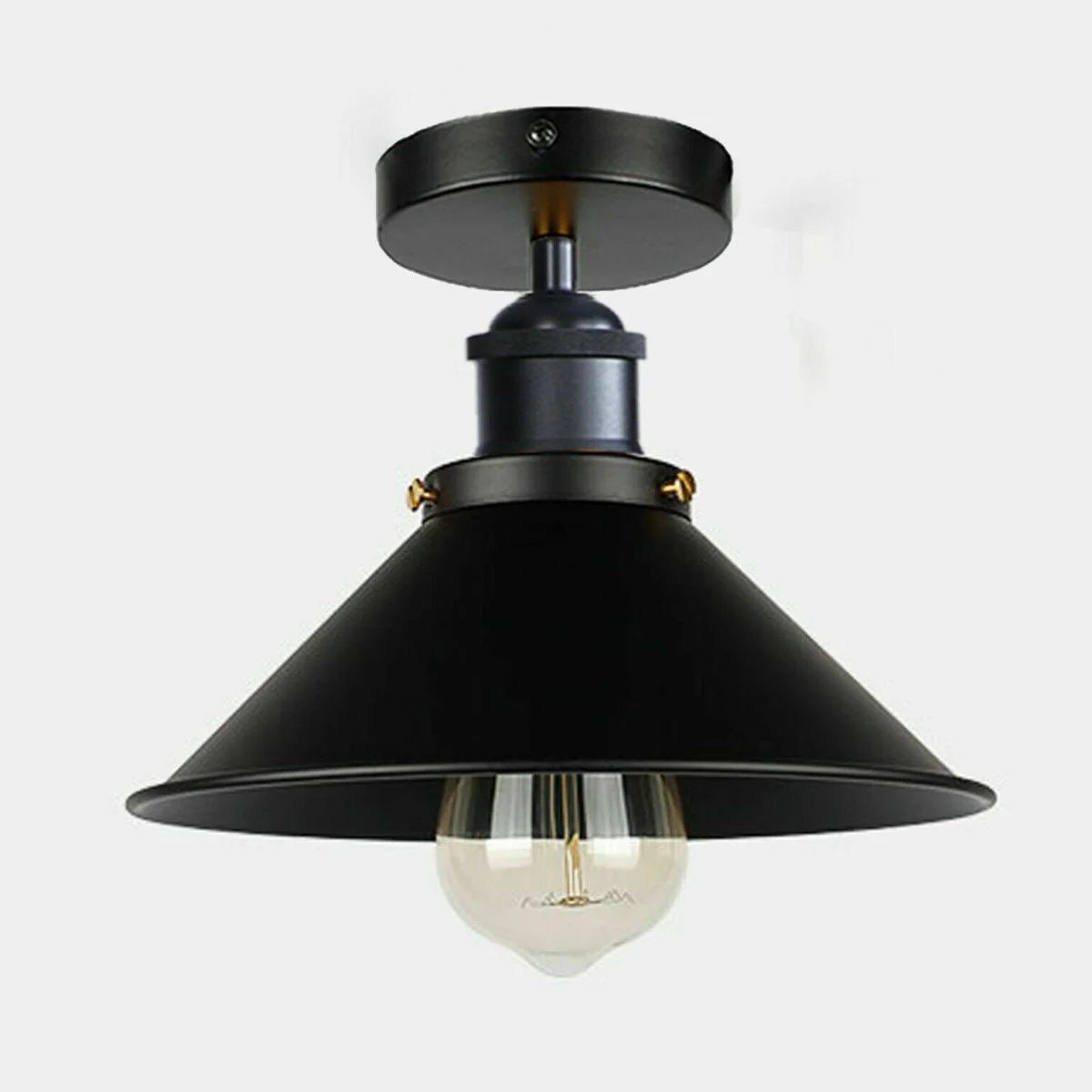 Black vintage metal pendant light with conical shade and semi-flush ceiling mount, ideal for indoor rooms