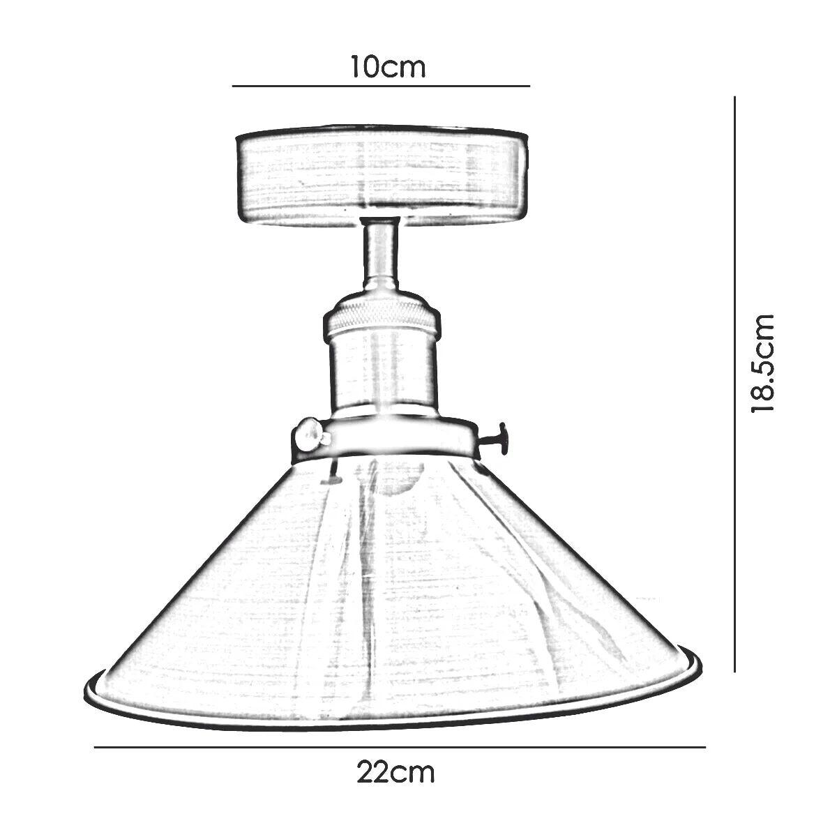Black metal cone shade semi flush mount ceiling lamp with vintage industrial design, shown against a white background