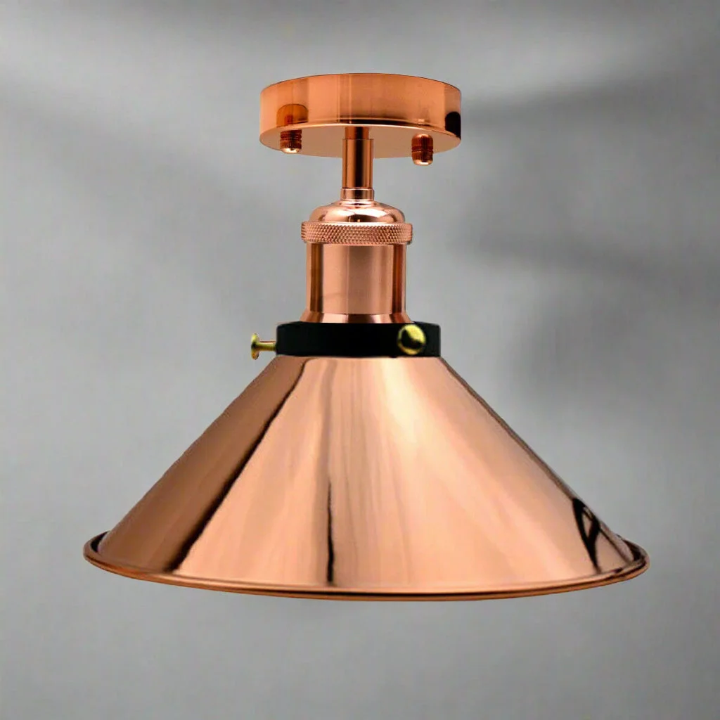Rose gold ceiling light with industrial metal shade and E27 lamp base, ideal for warm home or cafe lighting