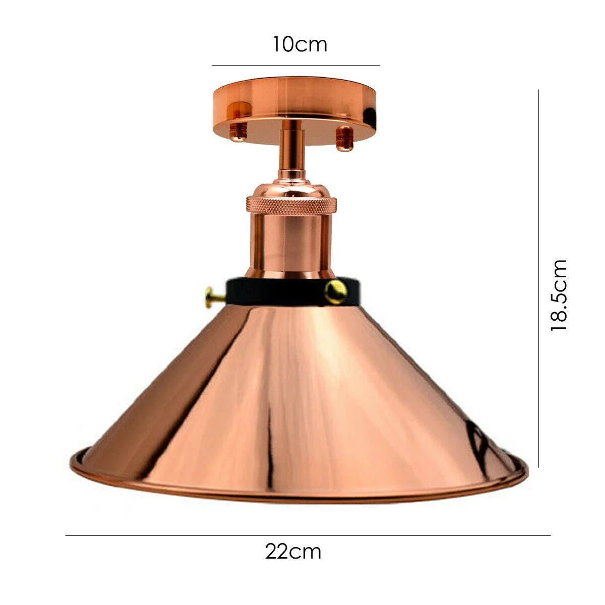 Rose gold industrial ceiling light with metal shade and E27 bulb holder, designed for warm, decorative lighting.
