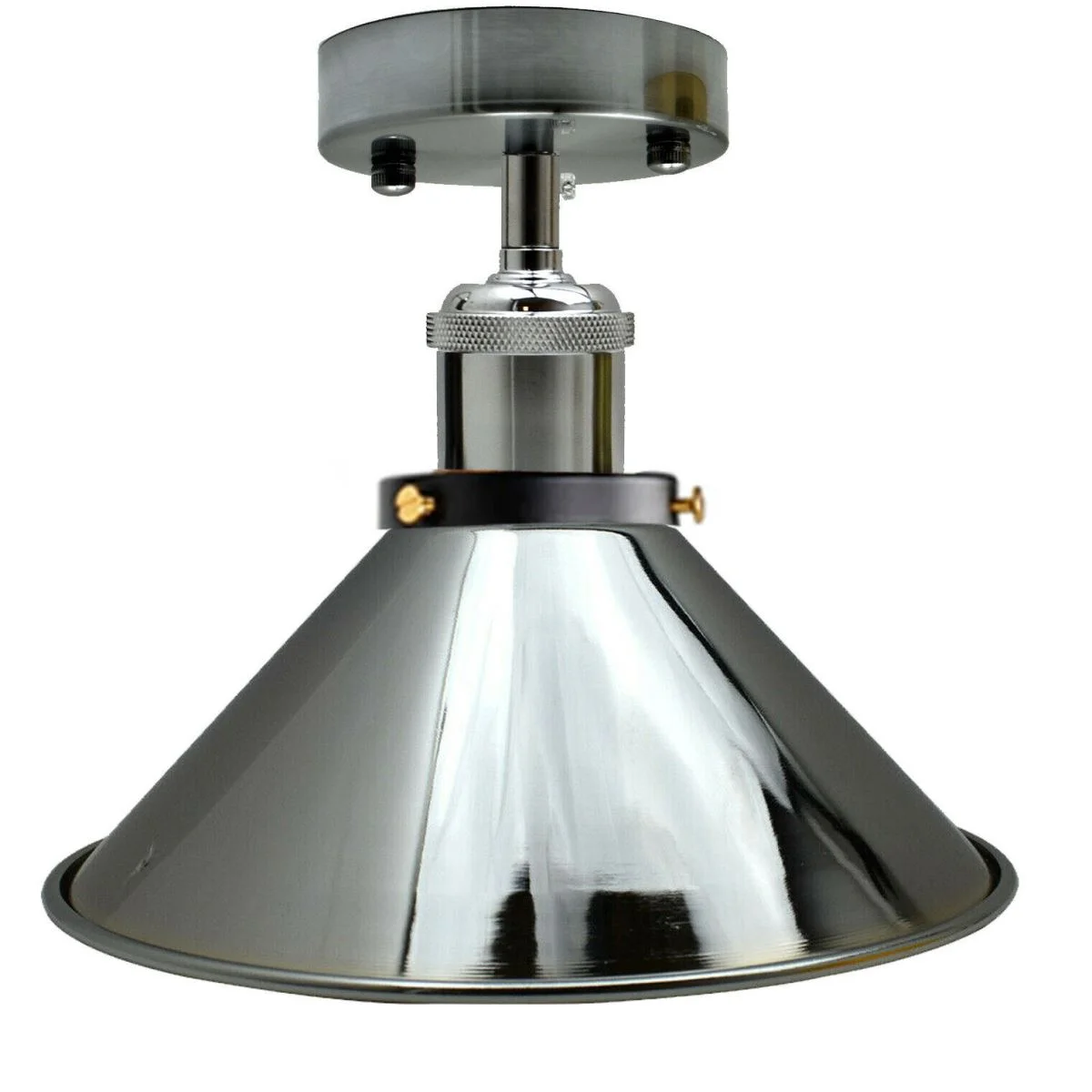 Chrome vintage industrial ceiling light with cone-shaped shade and smooth chrome finish, semi flush mount design