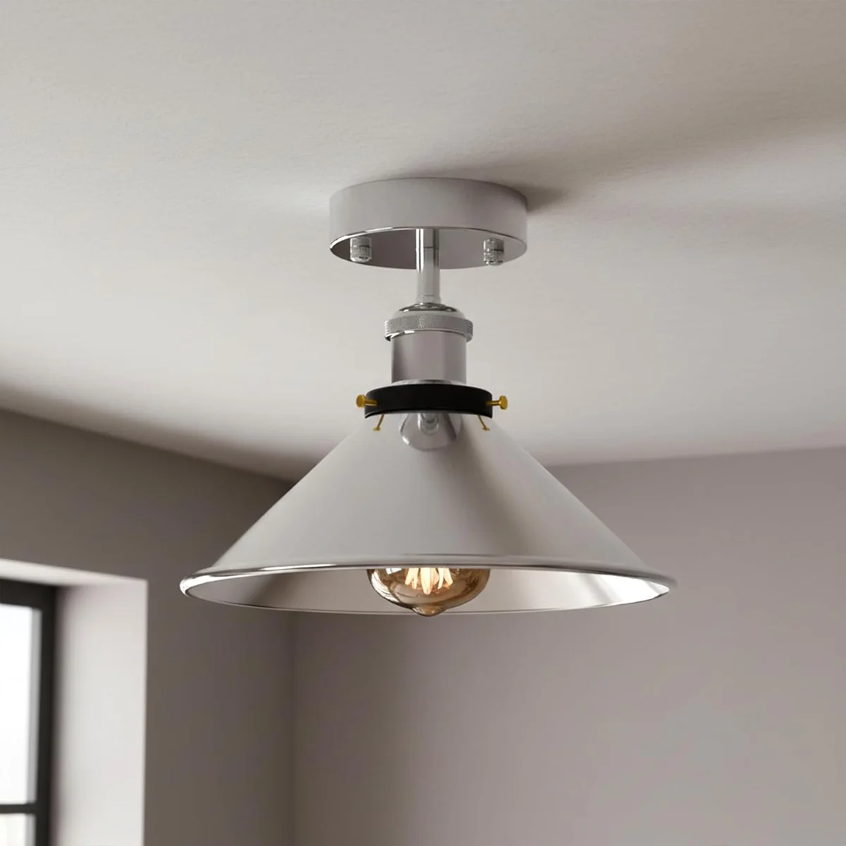 Chrome retro pendant lamp with cone-shaped shade and smooth vintage industrial finish, ideal for indoor rooms