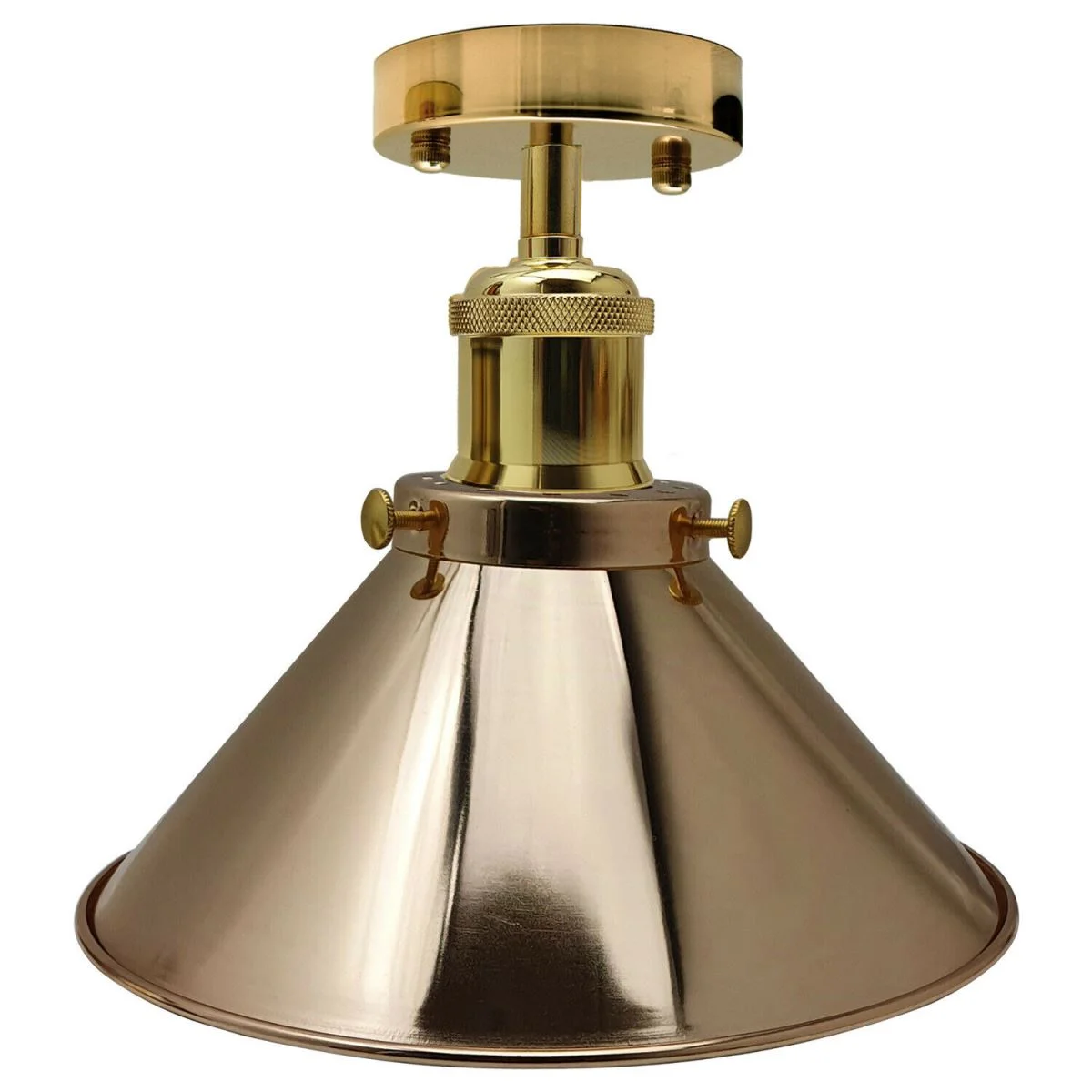 French gold vintage metal ceiling light with cone-shaped shade and flush mount design for indoor use
