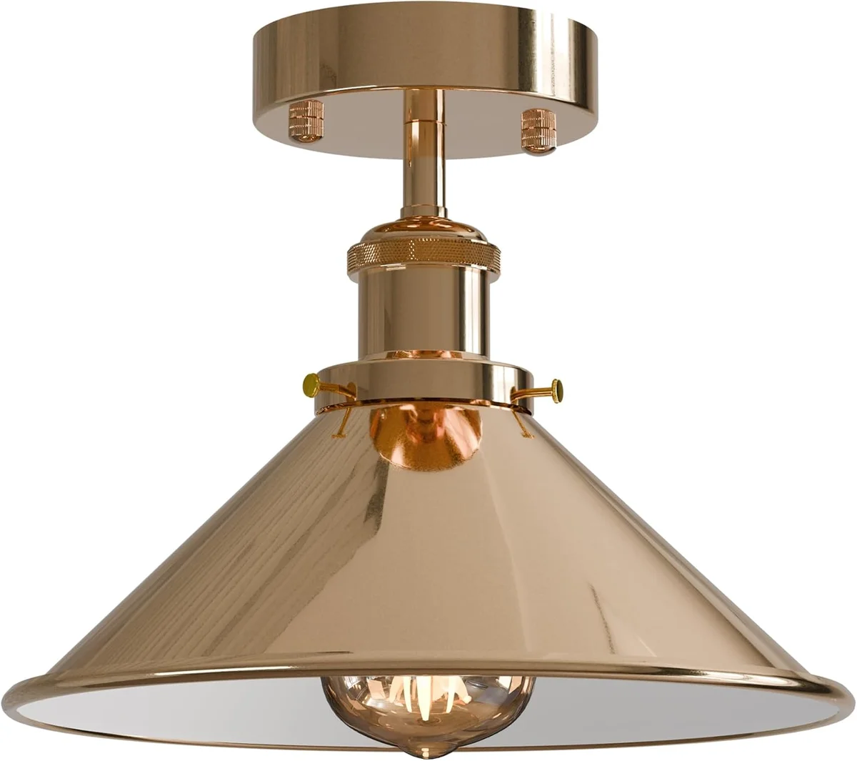 French gold metal industrial flush mount light with cone shade, ideal for vintage and rustic indoor ceilings