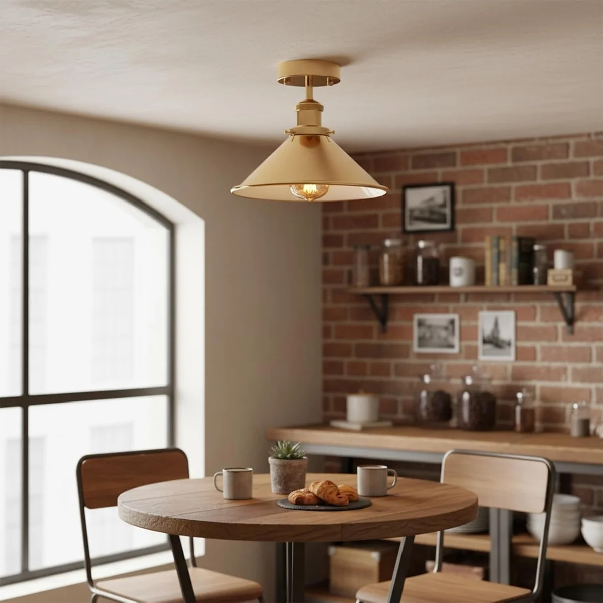 French gold metal cone semi flush ceiling light mounted on white ceiling, vintage industrial style, indoor use