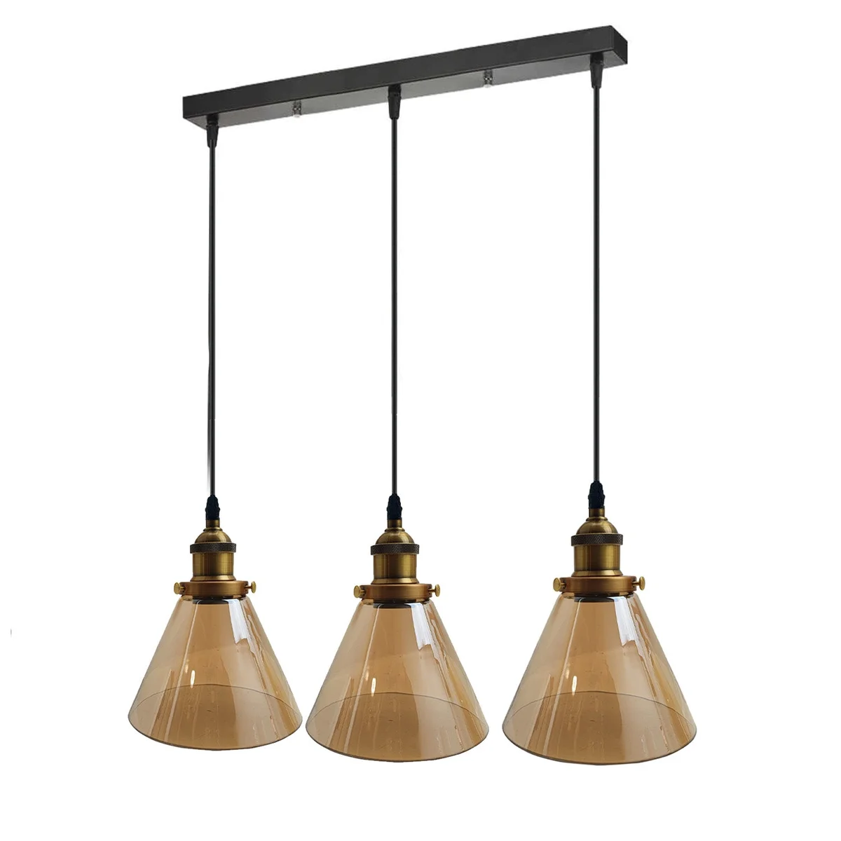 Industrial pendant light with black frame and amber glass lampshade, three adjustable LED fixtures hanging from flexible arm.