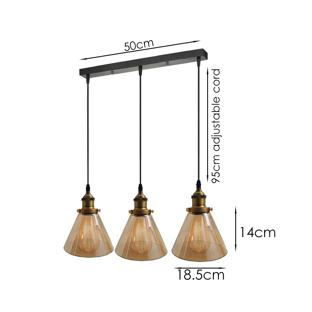 Group of three retro pendant light fixtures with amber glass shades and black metal arms hanging from a ceiling rod.