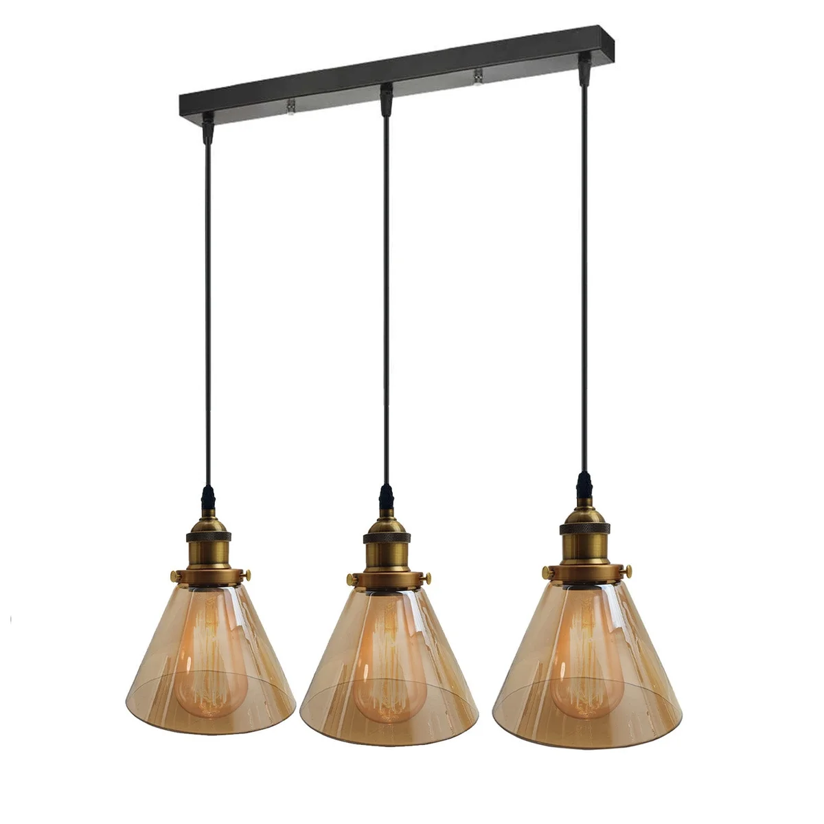 Three glass pendant light units with amber vintage shades, adjustable 95 cm, E27 sockets, ready for ceiling installation.