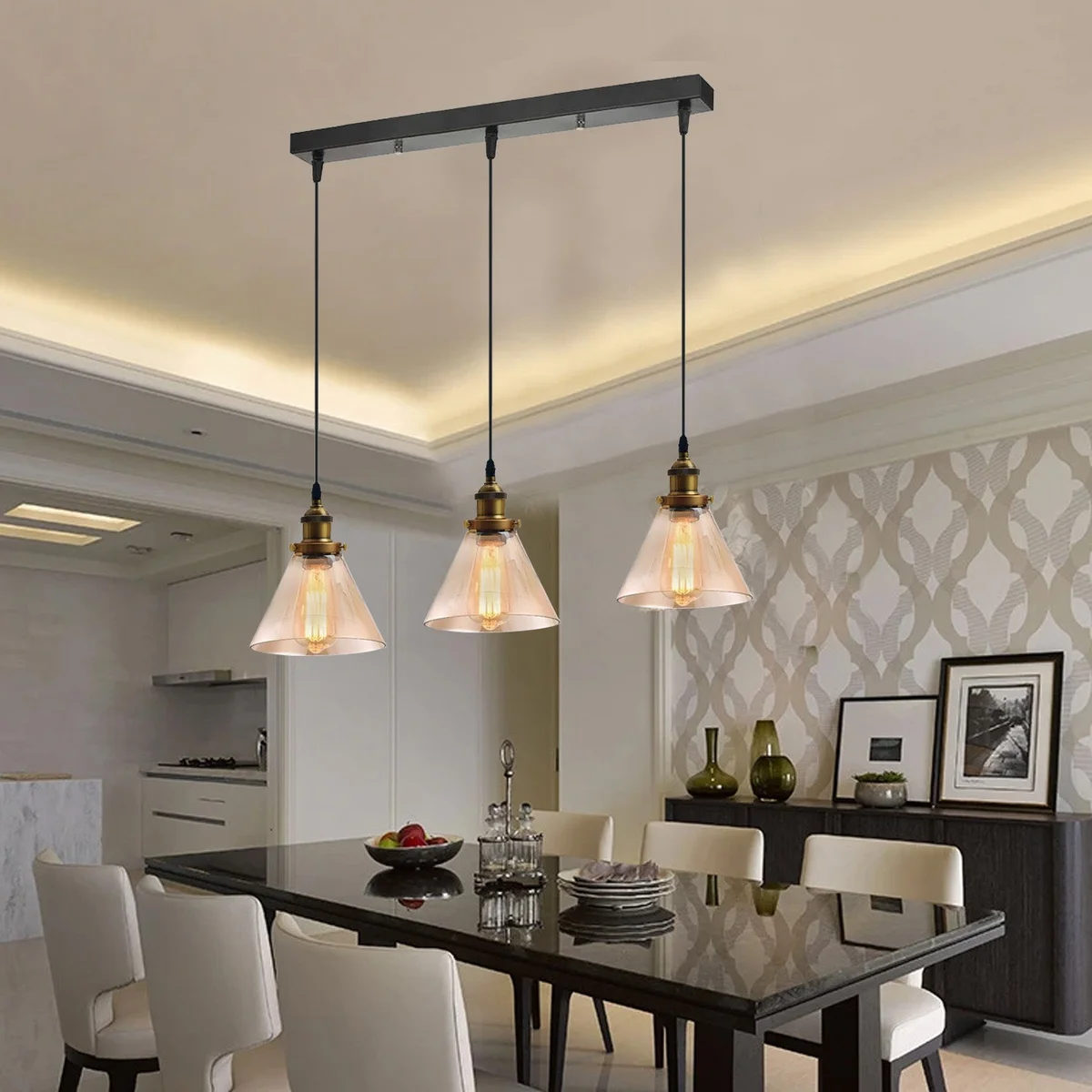 E27 pendant lamp with three amber glass lampshades, black finish, adjustable 95cm corded suspension.