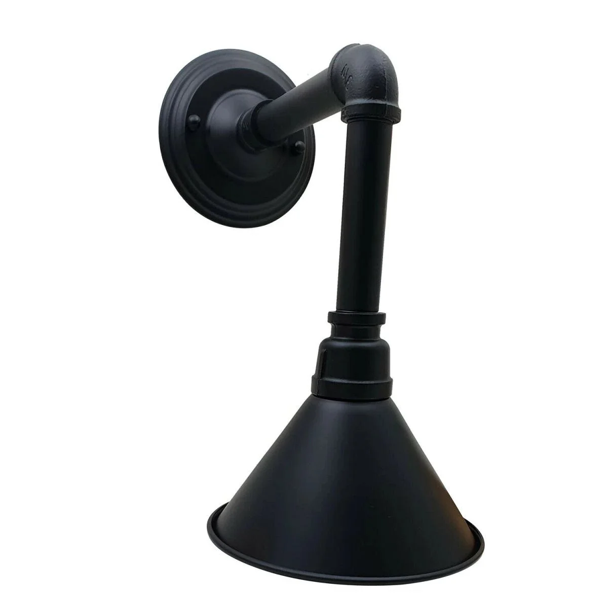 Dimmable wall light with long black metal pipe, cone shade, E27 holder, wall‑mounted retro interior lighting