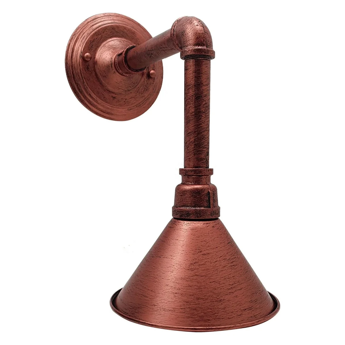 Black industrial E27 bulb wall light with long metal pipe and cone shade, wall mounted.