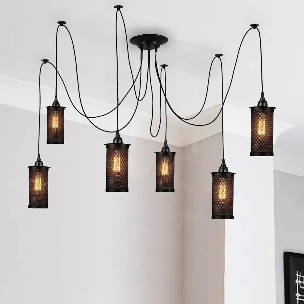 Retro ceiling spider light in black iron, 6 hanging heads with E27 holders, 50cm frame, 2m cable. Ceiling rose.