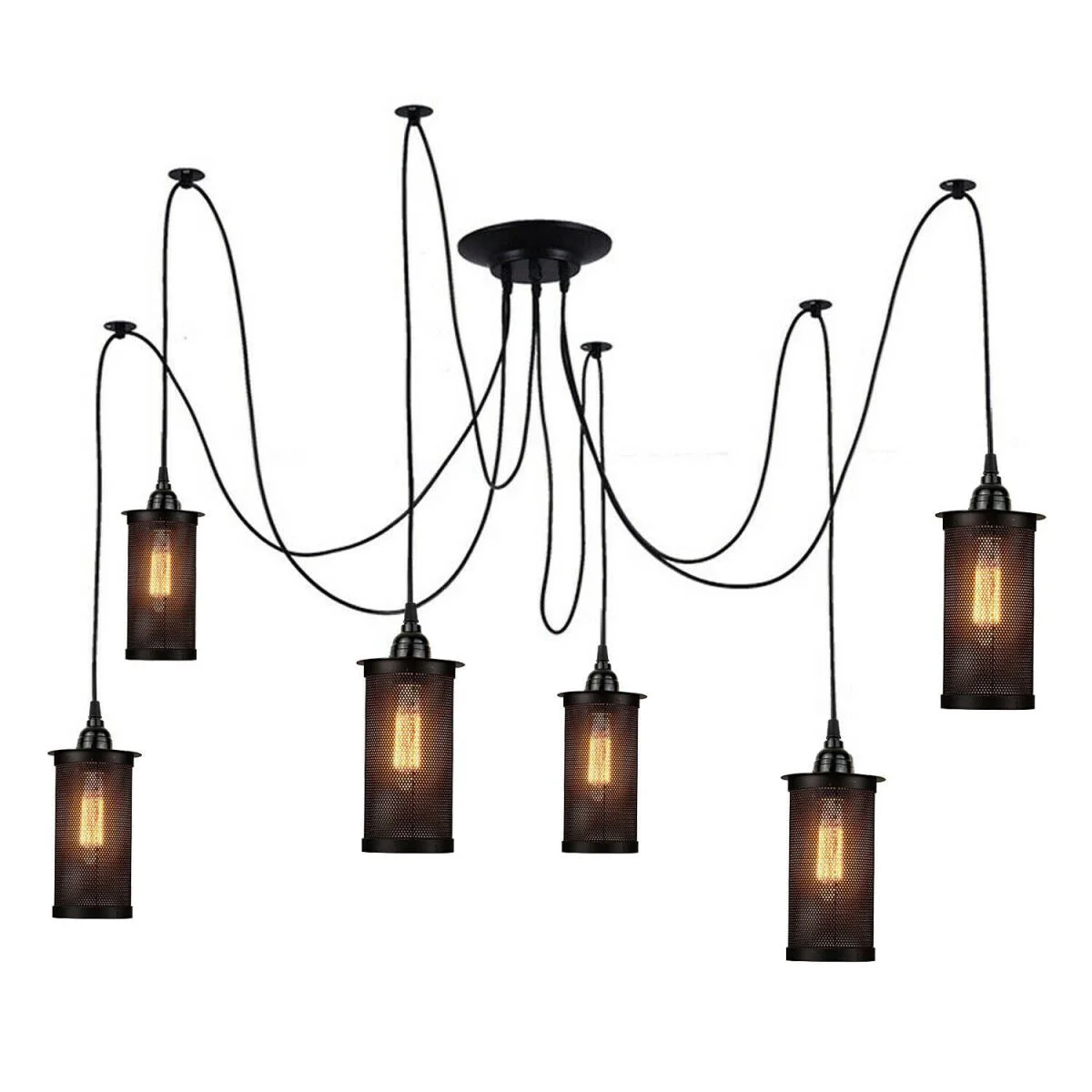 Black metal 6‑head industrial ceiling light with cage and E27 holders, hanging from ceiling with 2m cord
