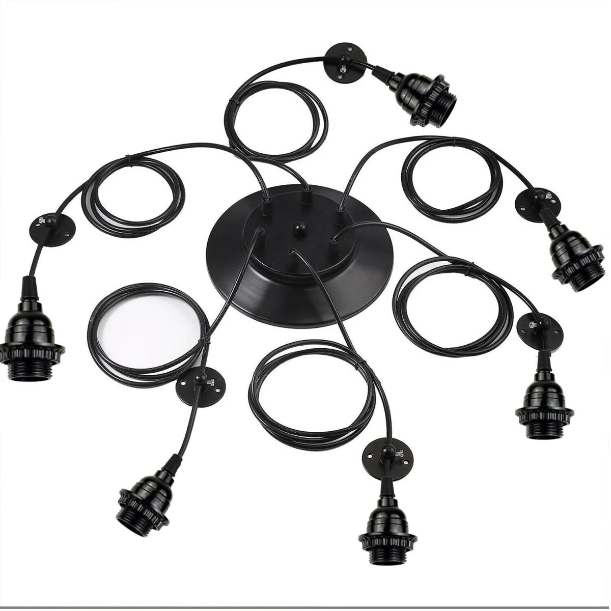 Black metal ceiling light with six pendant cages, each holding an E27 bulb, mounted on a ceiling rose for modern retro style.