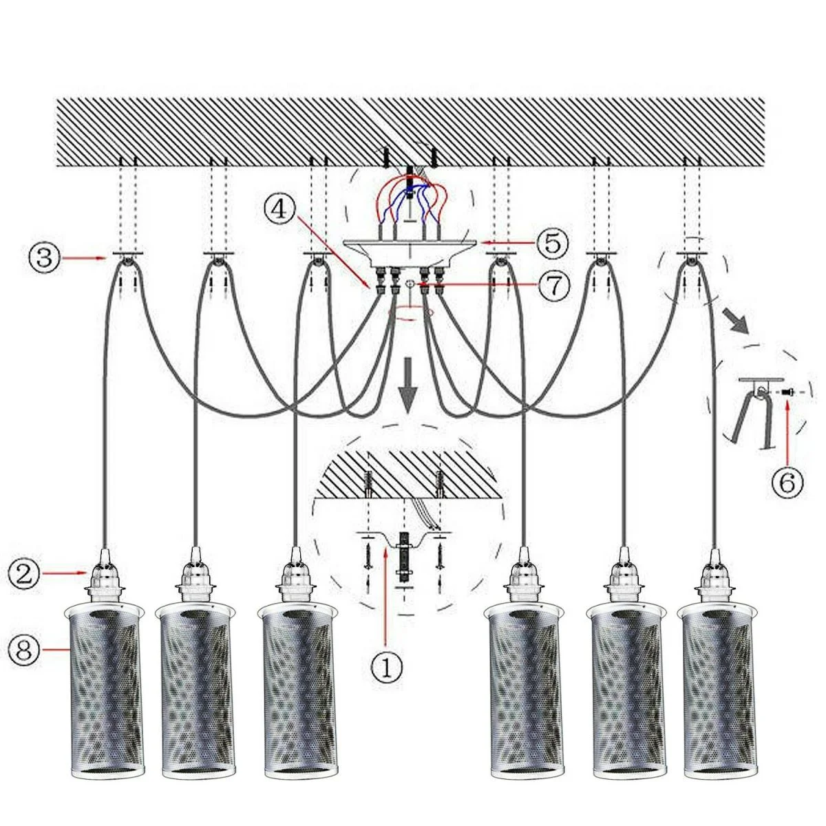 Retro ceiling spider light with six black metal heads hanging from ceiling, featuring E27 holders.