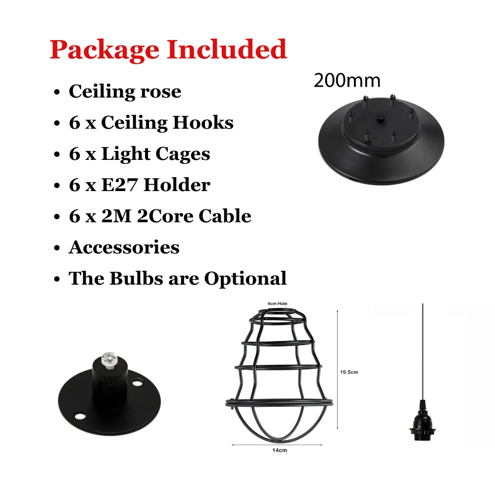 Adjustable ceiling light with six iron cage shades, mixed wavy and mug styles, black finish, hanging from ceiling hooks.