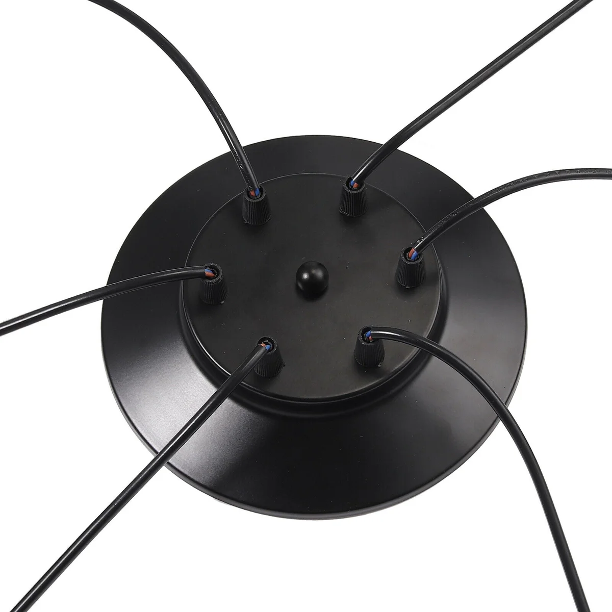 E27 base spider light with mixed wavy and mug cages hanging from black industrial hooks, visible ceiling rose.