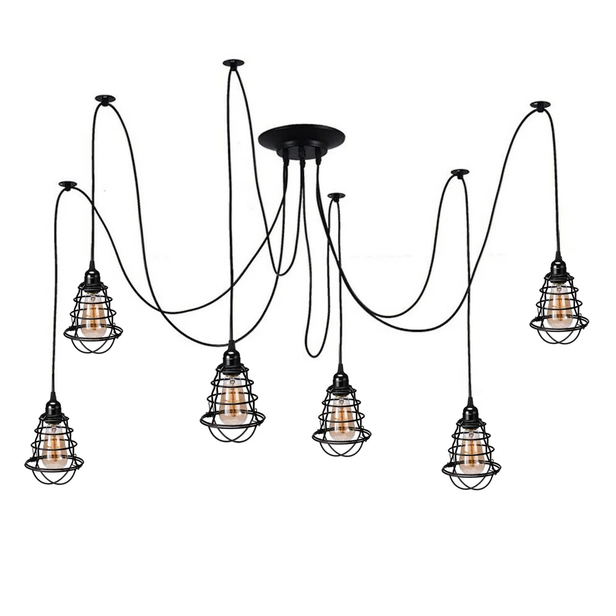 Black 6‑way industrial spider pendant light featuring mixed wavy and mug cage shades on iron, with adjustable 2m cables.