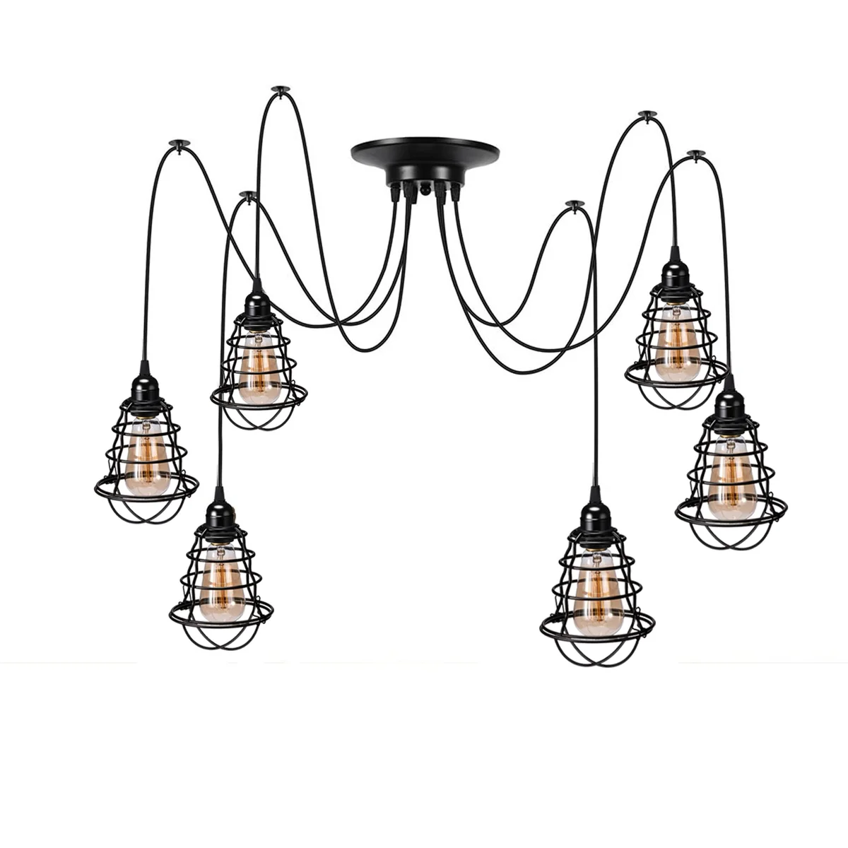 Black 6‑way industrial spider pendant light with mixed wavy and mug‑style cages hanging from long adjustable cables.