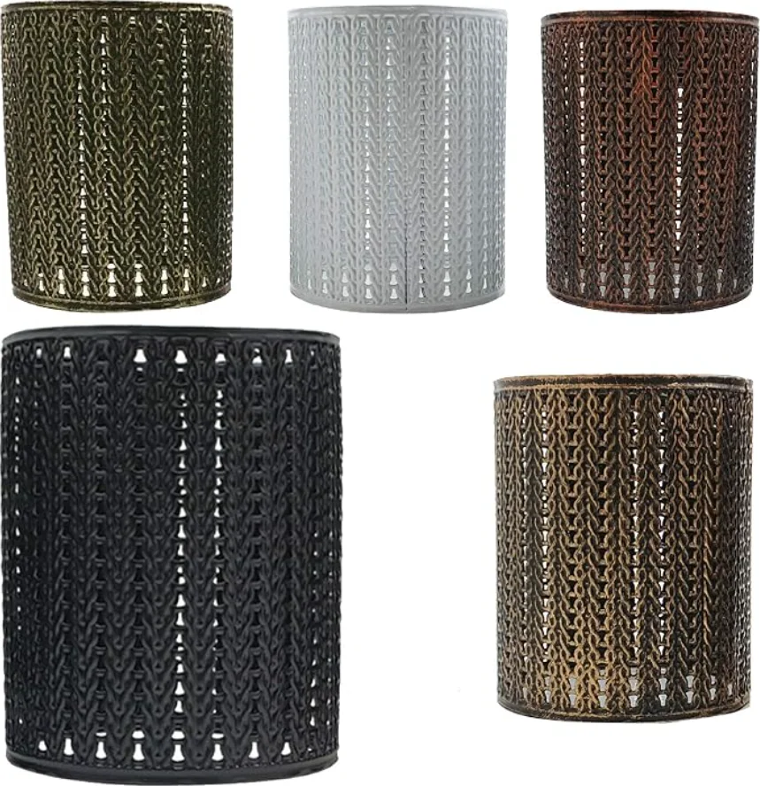 White brushed brass drum lampshade industrial design with open metal wire cage for light spread.