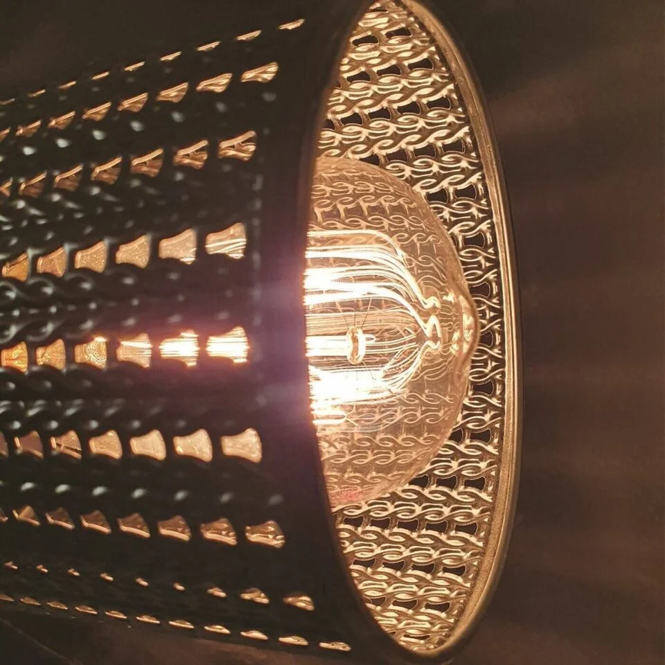 White metal drum wire cage E27 ceiling light shade with brushed brass accents, open cage design for modern industrial look.
