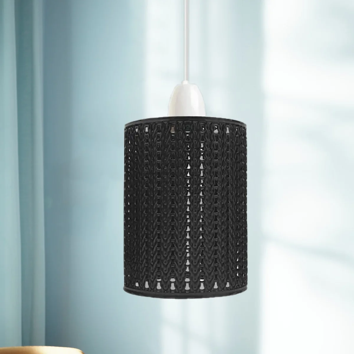 Industrial white brushed metal drum pendant lampshade with open wire cage and reducer plate, ready for easy ceiling install.