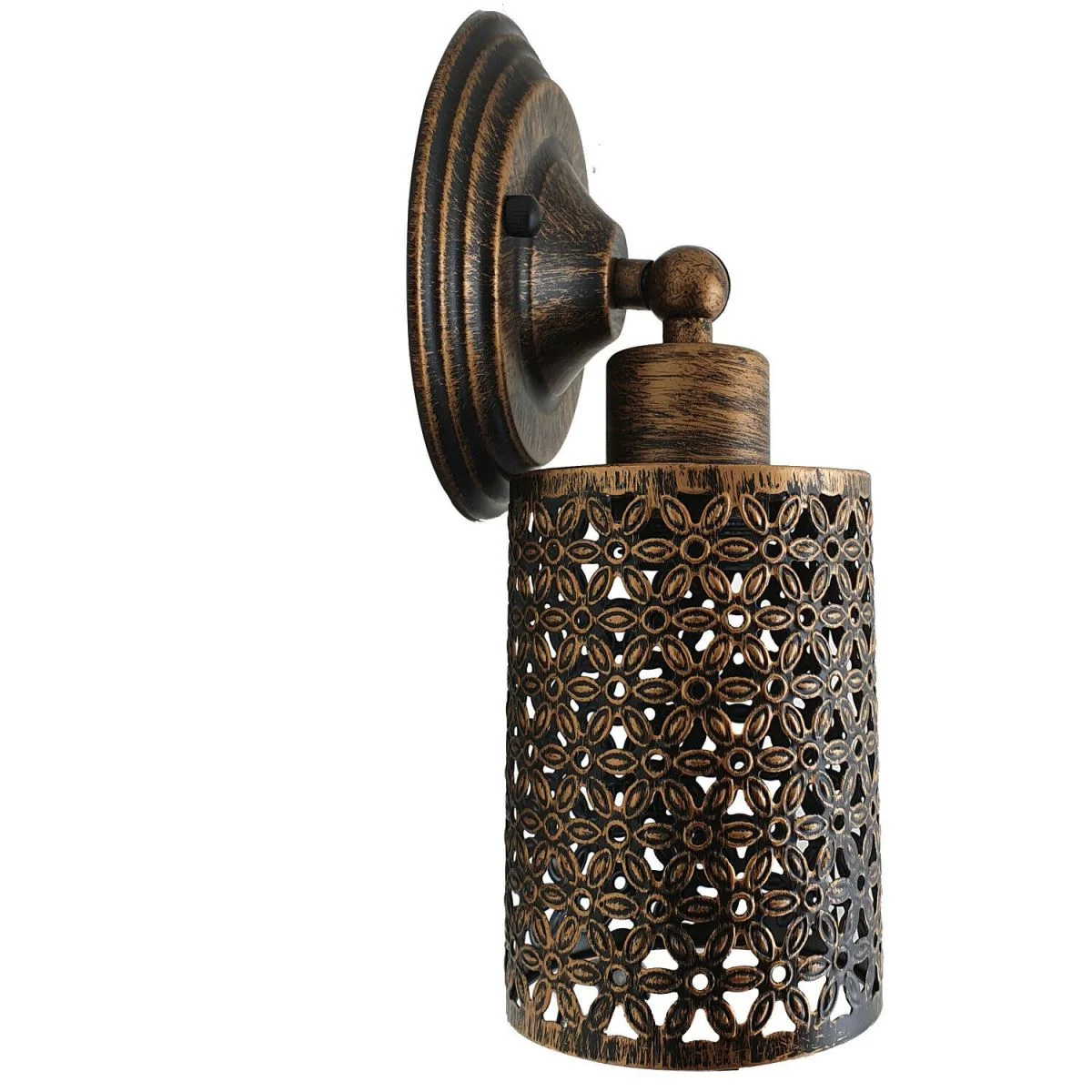 Industrial copper wall light with a brushed copper wire cage, narrow metal frame, E27 base, warm glow