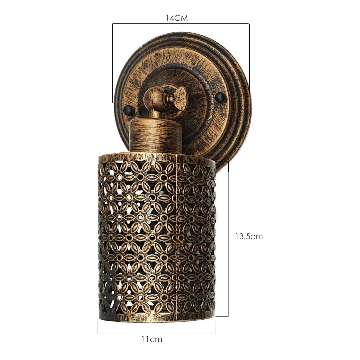 Brushed copper retro loft wall lamp with wire cage design, 14 cm metal holder, E27 base, 100 W capacity, industrial aesthetic.