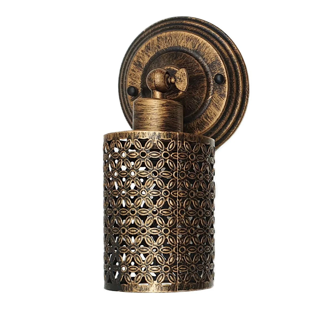 Brushed copper wall light with industrial wire cage and metal holder, showing classic decorative lantern setup.