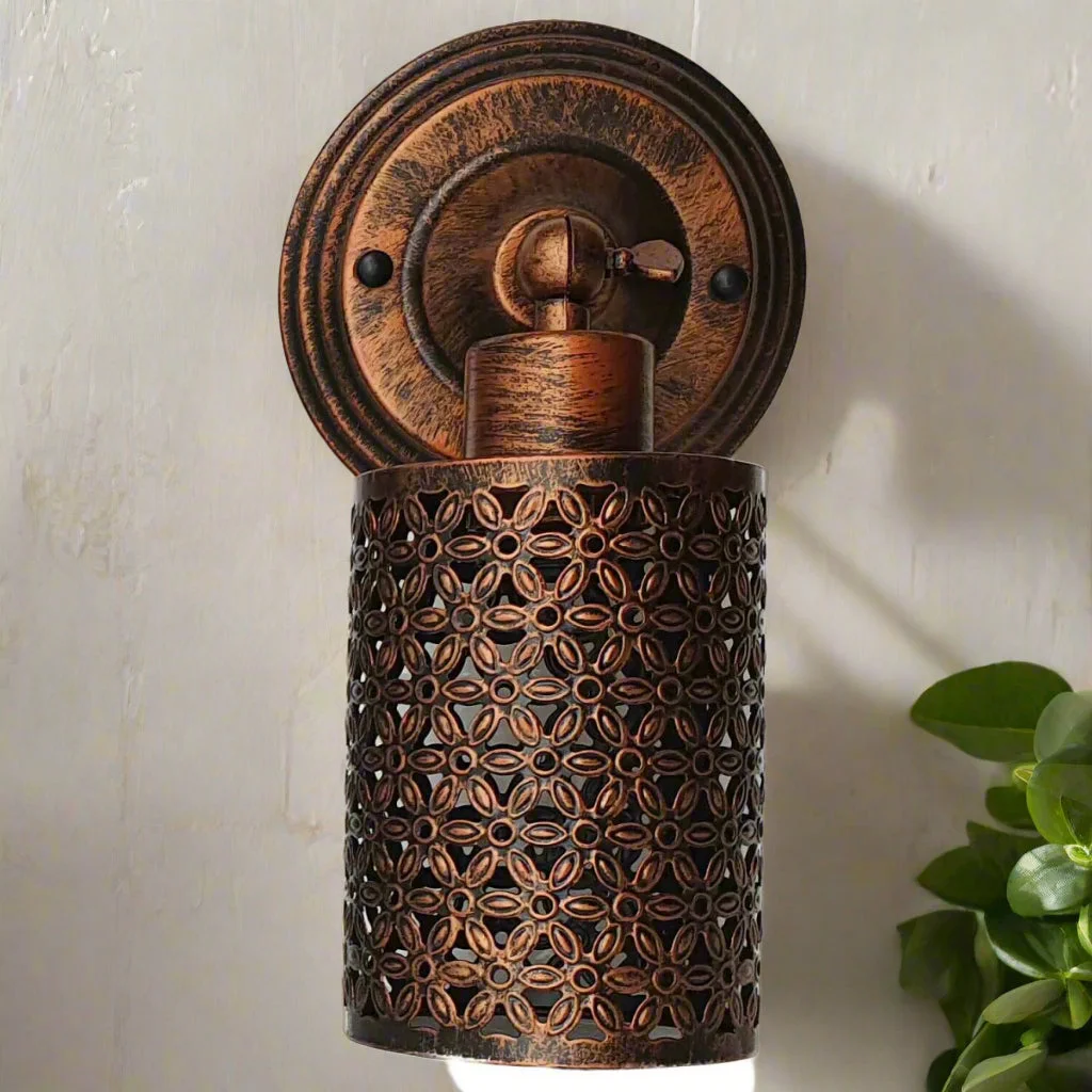 Red rustic vintage wall sconce with metal cage, E27 base, warm lighting, industrial design.